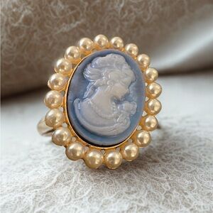 Vintage Inspired Gold and Blue Cameo Brooch